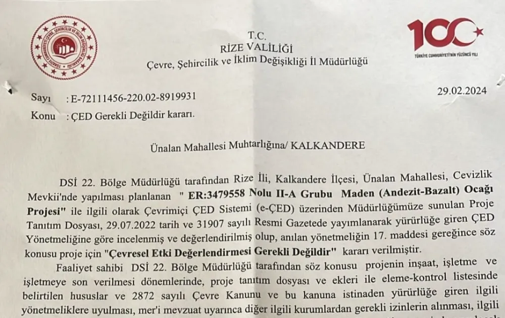 KALKANDERE ÜNALAN KÖYÜNDE TAŞ OCAĞI AÇILAMASININ ÖNÜNDE ENGEL KALMADI