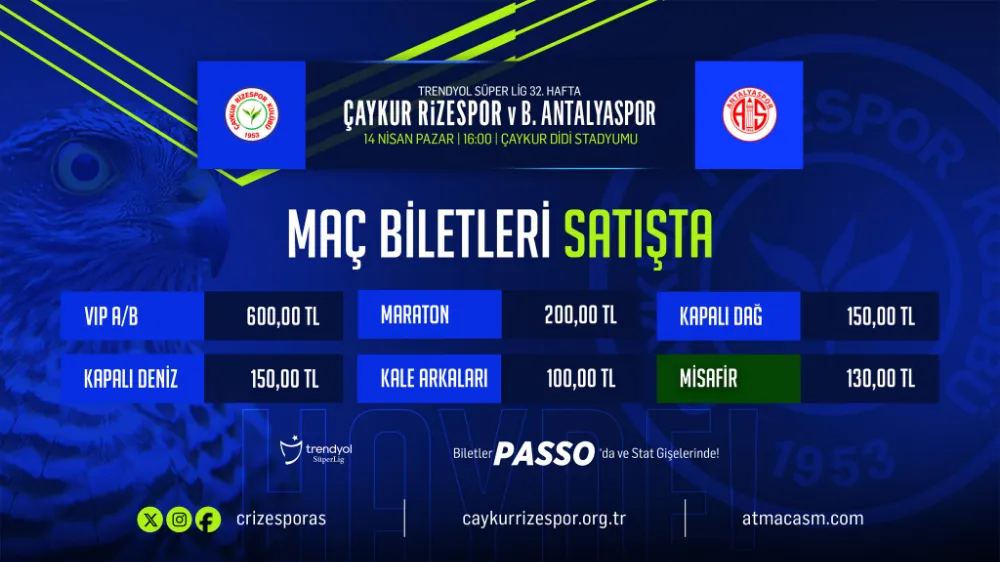 Çaykur Rizespor – Bitexen Antalyaspor maçı biletleri satışa çıktı