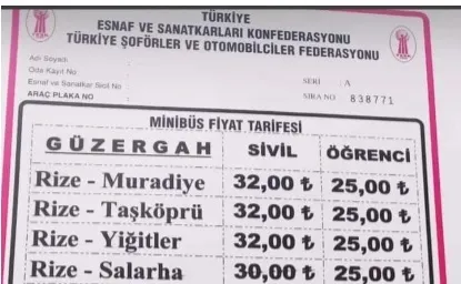 Rize; Muradiye, Taşköprü, Yiğitler ve Salarha Dolmuş Üçretlerine Zam Yapıldı